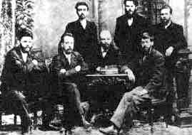 Vladimir (centre) at the regular Thursday evening meeting of the Moscow Glaziers' Union